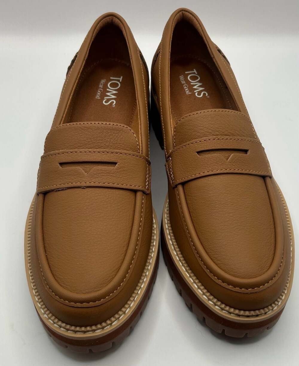 TOMS Monica Lug Sole Leather Penny Loafers in Tan